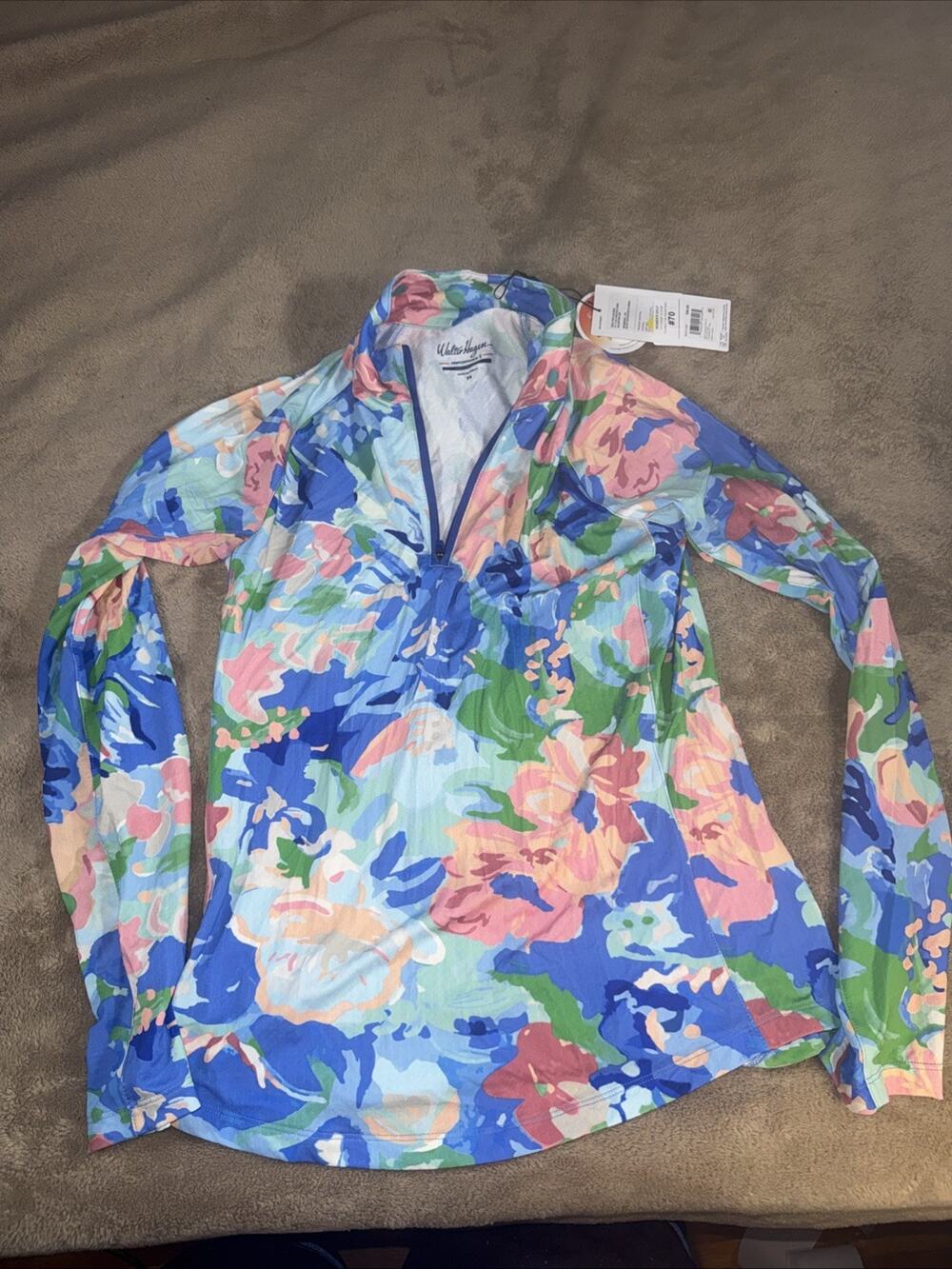 NEW Walter Hagen Womens P11 UPF 50+ Quarter Zip Blue Gouache Floral XS